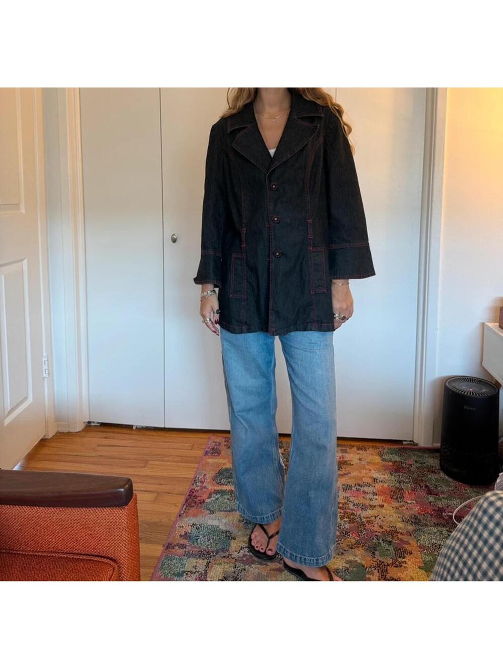 Retro vintage Black denim jacket with red stitching